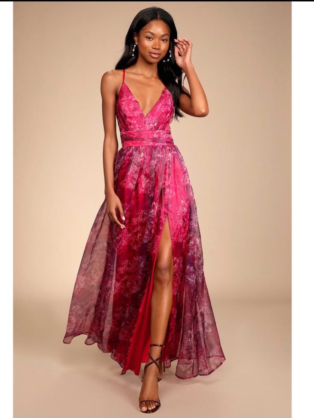 Lulu's Romance That Wows Blush Floral Print Organza Maxi Dress